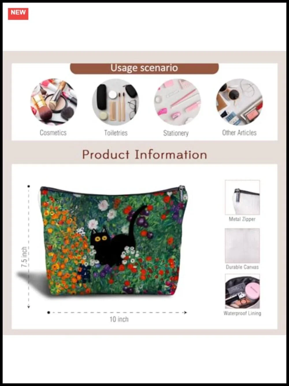Linen Floral Cat Makeup Bag - Cosmetic Toiletry Travel Organizer for Cat Lovers